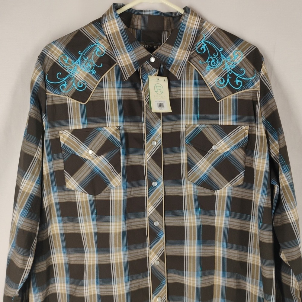 Roper Women's 1X Embroidered Brown/Blue Pearl Snap‎ Rodeo Western Style Shirt - Picture 5 of 11